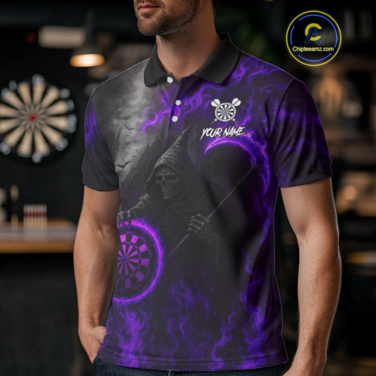 Custom Purple Flaming Dartboard Grim Reaper Dart Men Polo Shirt Dart Team Jerseys NYN1639