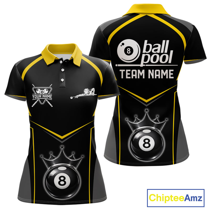 Black 8 Ball Crown Pool Women Polo & 1/4-Zip Team Shirts Custom Billiards Ball & Cue Attire|Yellow NYN2459