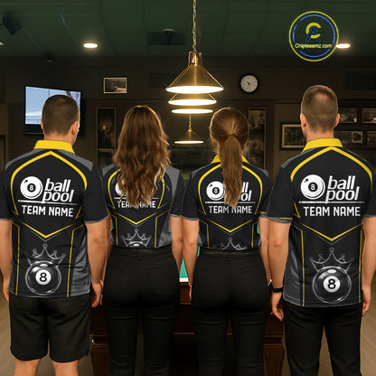 Black 8 Ball Crown Pool Women Polo & 1/4-Zip Team Shirts Custom Billiards Ball & Cue Attire|Yellow NYN2459