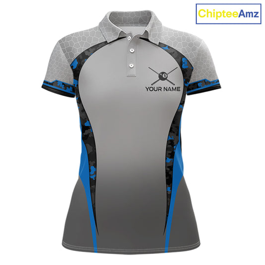 Camo 8 Ball Pool Billiard Polo & 1/4-Zip Shirt For Women Custom Blue And Grey Billiard Team Attire NYN3048