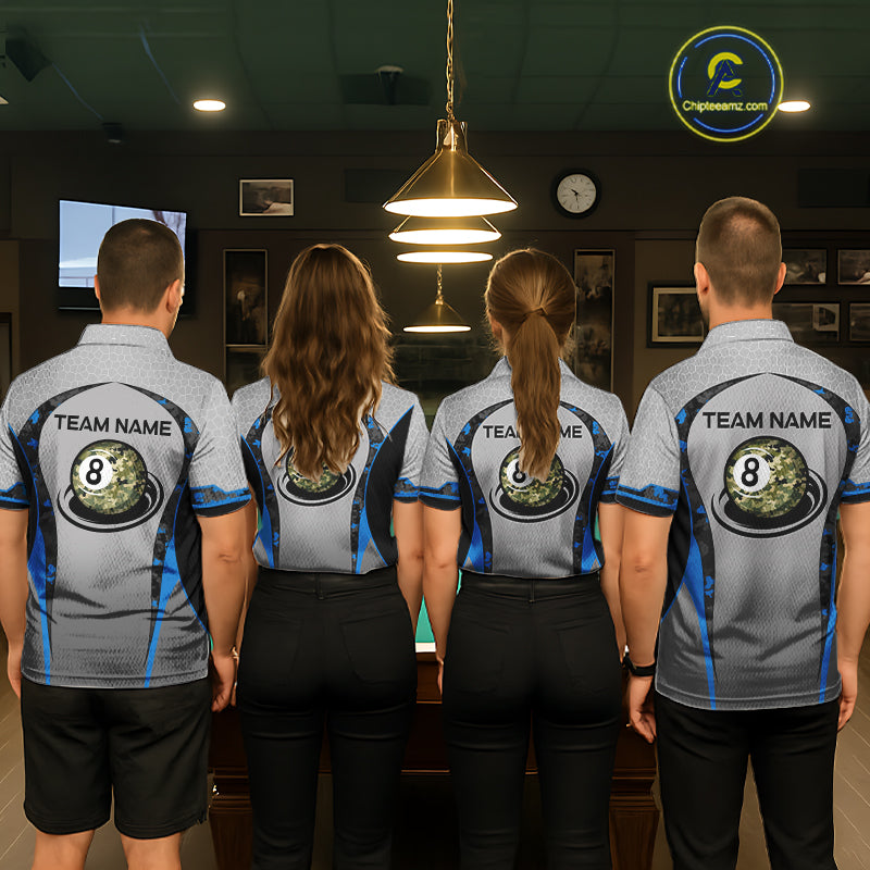 Camo 8 Ball Pool Billiard Polo & 1/4-Zip Shirt For Women Custom Blue And Grey Billiard Team Attire NYN3048