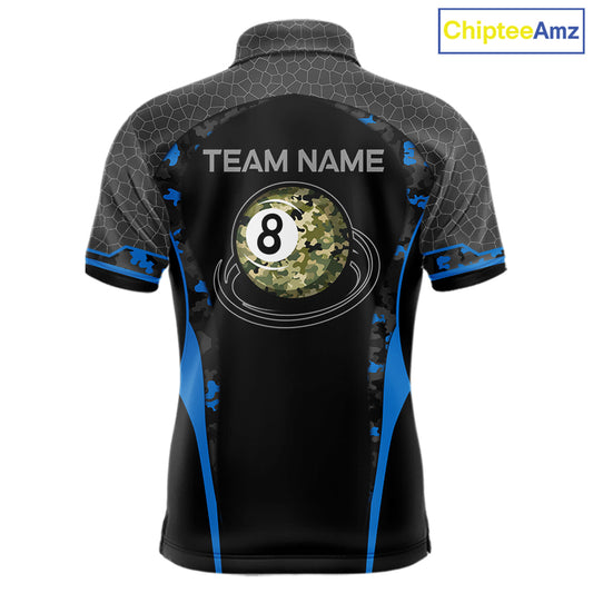 Camo 8 Ball Pool Billiard Polo & 1/4-Zip Shirt For Men Custom Blue And Black Billiard Team Attire NYN3049