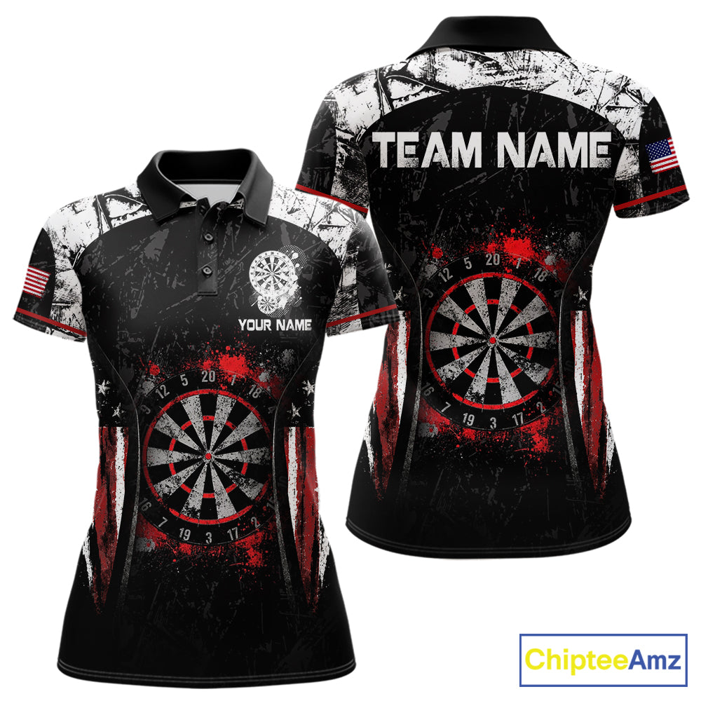 Black, White And Red Splatter Dartboard Women Dart Shirt Custom Grunge US Flag Dart Team Attire NYN3212