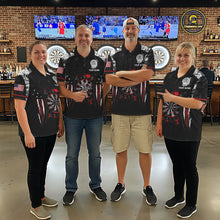 Load image into Gallery viewer, Black, White And Red Splatter Dartboard Women Dart Shirt Custom Grunge US Flag Dart Team Attire NYN3212