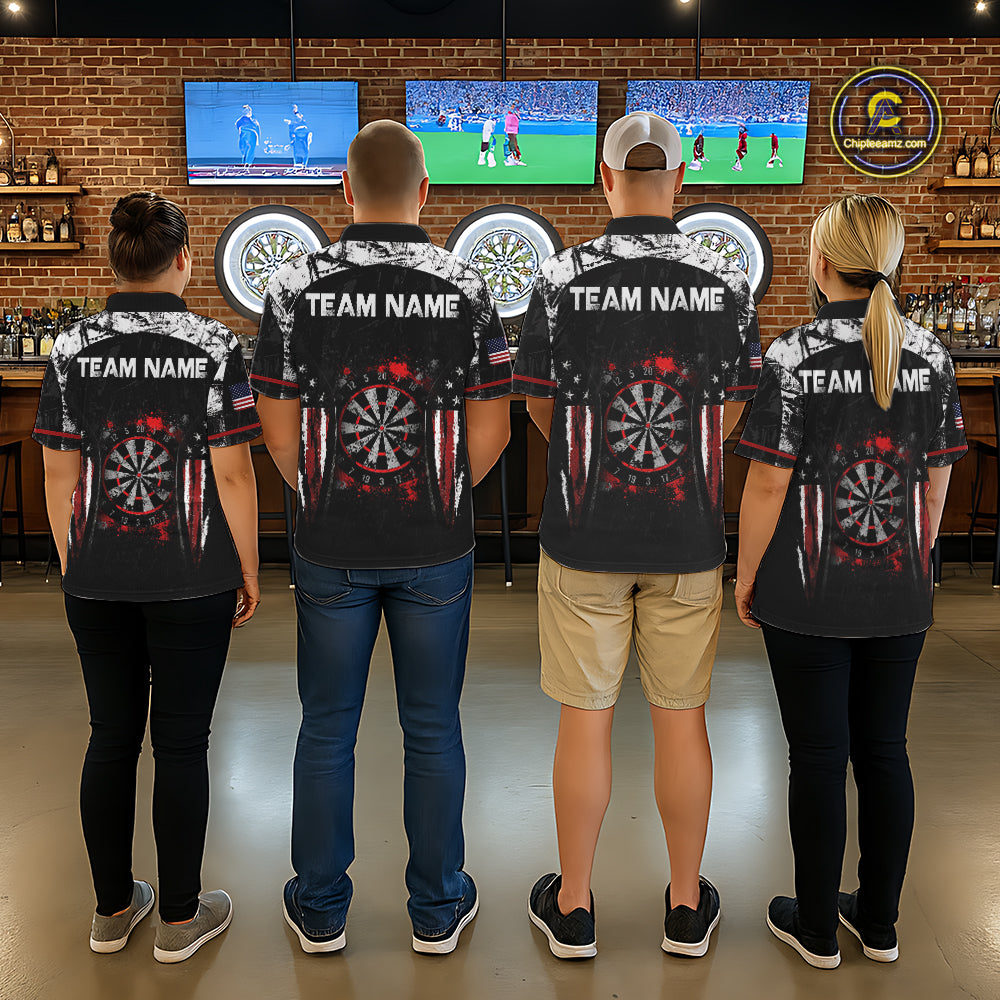Black, White And Red Splatter Dartboard Men Dart Shirt Custom Grunge US Flag Dart Team Attire NYN3212