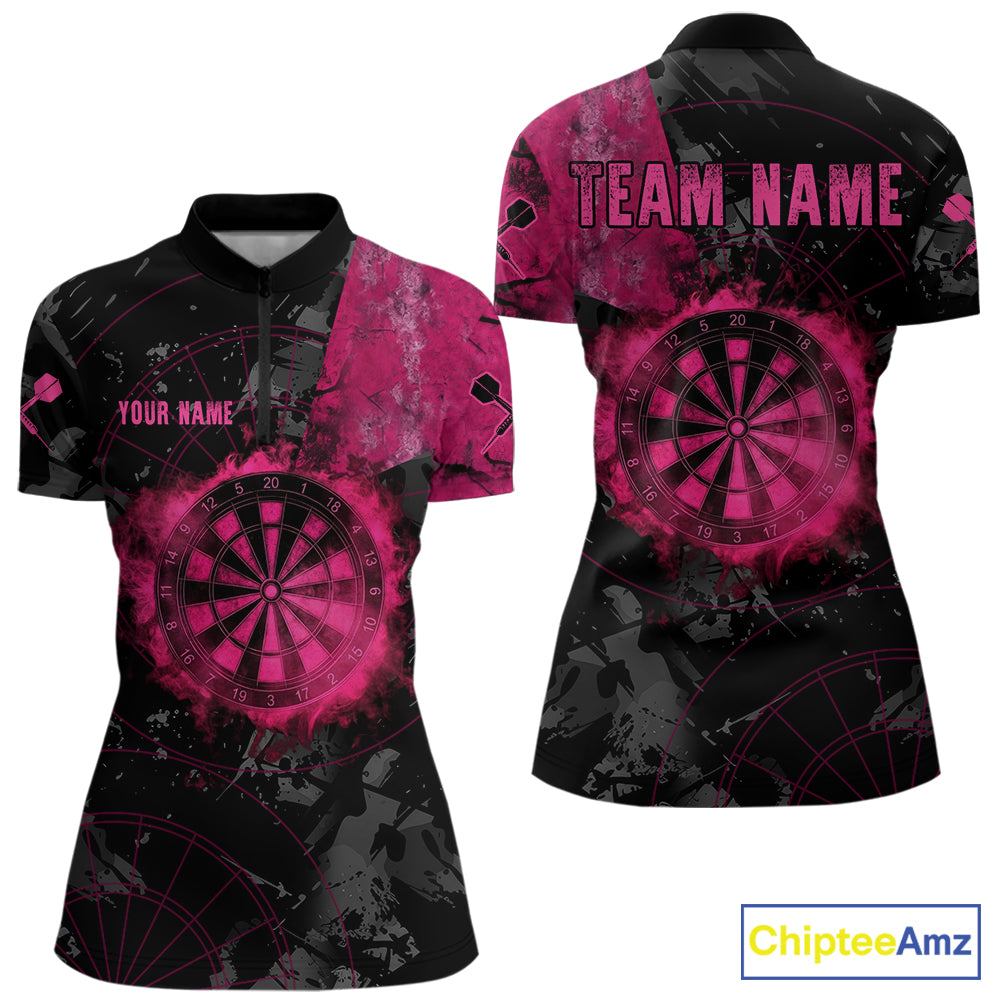 Black And Pink Smoking Dartboard Women Dart Polo 1/4-Zip Shirt Custom Grunge Dart Team Attire NYN3214