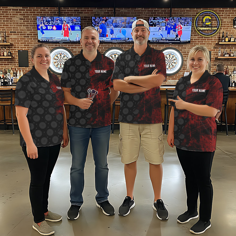Red Grunge Splatter Men Dart Shirt Personalized Dartboard & Arrow Pattern Dart Team Attire NYN3215