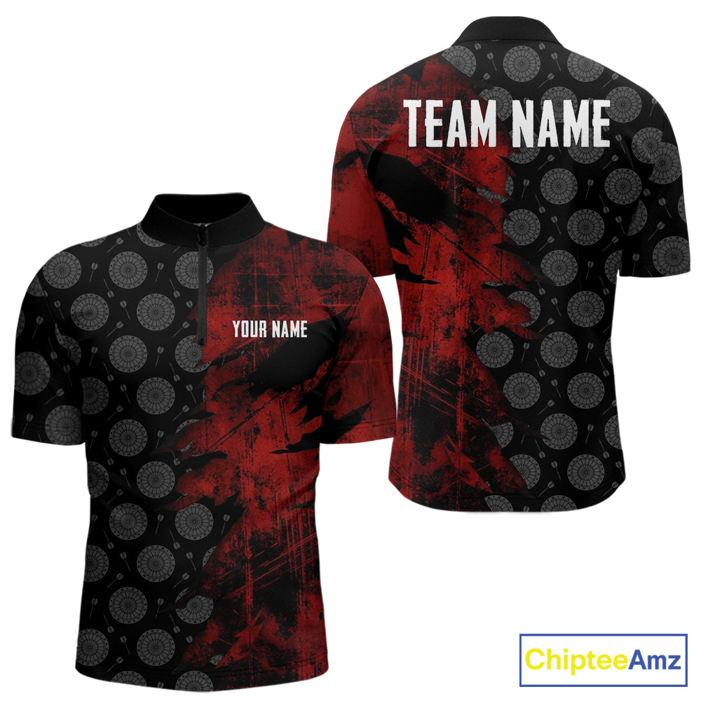 Red Grunge Splatter Men Dart Shirt Personalized Dartboard & Arrow Pattern Dart Team Attire NYN3215