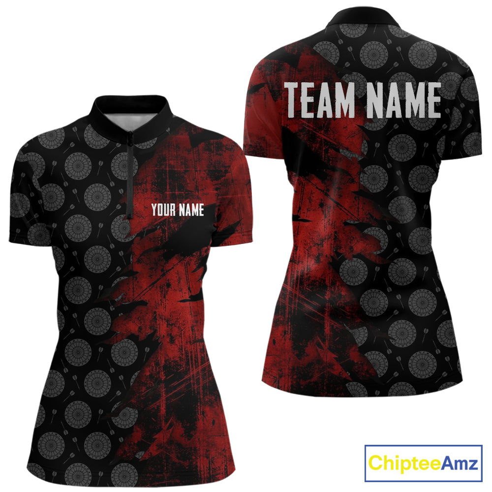 Red Grunge Splatter Women Dart Shirt Personalized Dartboard & Arrow Pattern Dart Team Attire NYN3215