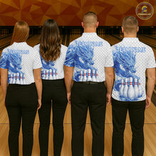Load image into Gallery viewer, Bowling team wearing white blue dragon bowling polo shirts custom team jerseys for league and tournament bowlers