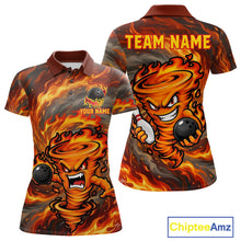 Load image into Gallery viewer, Women's red storm fire flame bowling polo shirt mockup custom bowling team jersey flame bowling apparel