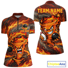 Load image into Gallery viewer, Women's red storm fire flame bowling quarter zip shirt mockup custom bowling team jersey flame bowling apparel