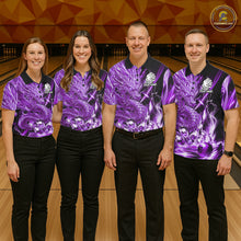 Load image into Gallery viewer, Bowling team wearing thunder lightning purple dragon bowling shirts custom bowling team jerseys for tournaments