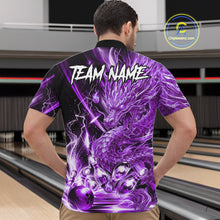 Load image into Gallery viewer, Male model wearing thunder lightning purple dragon bowling polo shirt custom bowling team jersey