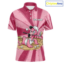 Load image into Gallery viewer, Men's golf polo mockup featuring distressed pink flamingo graphics, personalized golf polo for tournaments, golf teams, golf outings and country clubs. Appeals to bird lovers, tropical fashion enthusiasts, beach vacation travelers.