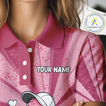 Load image into Gallery viewer, Female golfer wearing custom pink flamingo golf polo during a sunny golf tournament, breathable performance golf apparel for women golfers, tropical vacation lovers, flamingo enthusiasts and resort lifestyle fans. Symbolizes confidence, elegance, freedom and joyful living.
