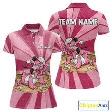 Load image into Gallery viewer, Women's golf polo mockup featuring vibrant grunge pink flamingo artwork, personalized golf tournament shirt for ladies golf leagues, country clubs, vacation golf apparel and tropical fashion enthusiasts. Themes of grace, harmony and confidence.