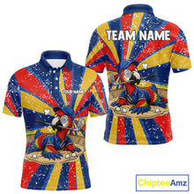 Load image into Gallery viewer, Men's golf polo mockup with colorful tropical parrot artwork, personalized performance golf shirt for golf tournaments, golf teams and country club events. Appeals to nature lovers, exotic bird fans and tropical lifestyle followers.