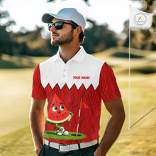 Load image into Gallery viewer, Male golfer wearing watermelon golf polo on the course, premium moisture-wicking golf apparel for golf tournaments, vacation golf and charity golf events.