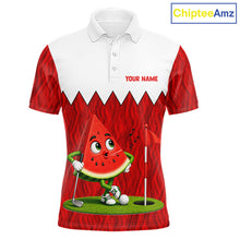 Load image into Gallery viewer, Men's golf polo mockup featuring vibrant watermelon artwork, personalized golf shirt for tournaments, golf leagues and golf vacations. Appeals to summer lovers, fruit enthusiasts and tropical lifestyle fans.