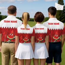 Load image into Gallery viewer, Golf team wearing matching watermelon golf polos during summer golf tournament, custom golf uniforms symbolizing friendship, teamwork, celebration and cheerful competition.