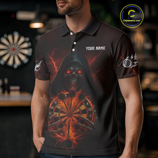 Custom Lightning Red Bone Skeleton Dartboard Dart Men Polo Jerseys Dart Shirt Gifts NYN1649