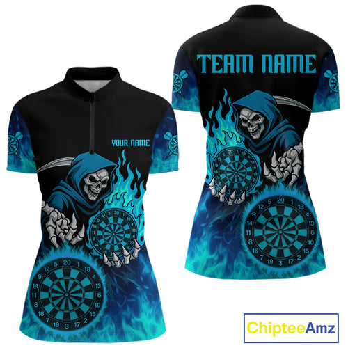 Custom Blue Flames Dartboard Horror Grim Reaper Dart Women Quarter-Zip Jerseys Outfits Dart Shirt NYN1658