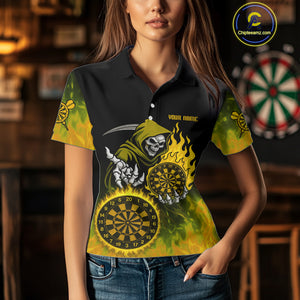 Custom Yellow Flames Dartboard Horror Grim Reaper Dart Women Polo Jerseys Outfits Dart Shirt NYN1660
