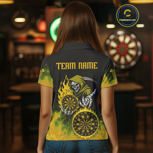 Custom Yellow Flames Dartboard Horror Grim Reaper Dart Women Polo Jerseys Outfits Dart Shirt NYN1660