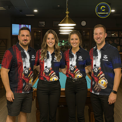 Skull Hoding 9 Ball & 8 Ball Pool Women Billiard Team Shirt Custom Blue & Red Billiards Ball Apparel NYN2468