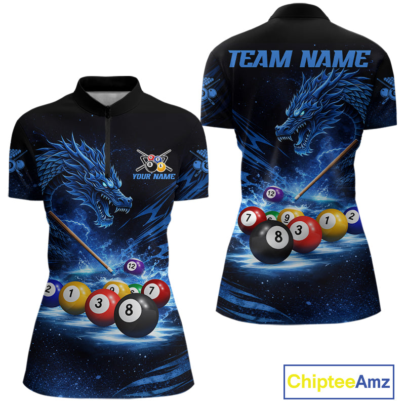 Blue Funny Dragon Thunder Ball Pool Billiard Team Shirt For Women Custom Billiards Ball Attire NYN2469