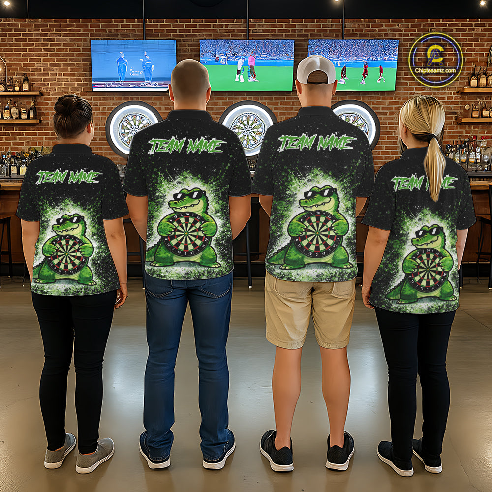 White And Green Funny Crocodile Hold Dartboard Dart 1/4-Zip Shirts For Women Custom Dart Team Shirts NYN2675