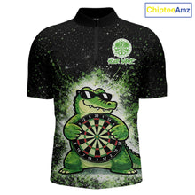 Load image into Gallery viewer, White And Green Funny Crocodile Hold Dartboard Dart 1/4-Zip Shirts For Men Custom Dart Team Shirts NYN2675