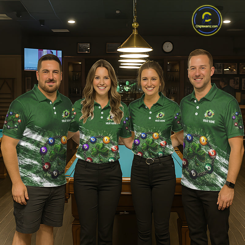 White Green Grunge Shamrock 8 Ball Women Billiards Shirt Personalized St Patrick's Day Pool Balls Shirt NYN2678