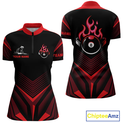 Red Flaming 8 Ball Pool Polo & 1/4-Zip Team Shirt For Women Custom Billiards Ball Apparel NYN2831