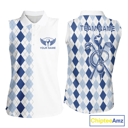 Womens Blue Argyle Golf Shirts Argyle Golf Clothing Custom Blue Golf Sleeveless Polo, Best Golf Gifts NYN3051