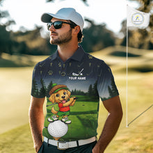 Load image into Gallery viewer, Man wearing patriotic Golden Retriever golf polo shirt with American flag design