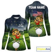 Load image into Gallery viewer, Women's American Flag Golden Retriever golf polo shirt mockup patriotic golf team outfit