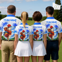 Load image into Gallery viewer, Men's golf team wearing blue splatter rooster golfer golf polo shirts