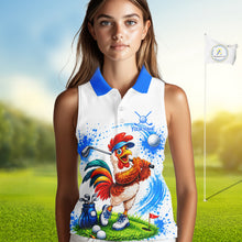 Load image into Gallery viewer, Woman wearing rooster golfer golf sleeveless polo shirt on golf course