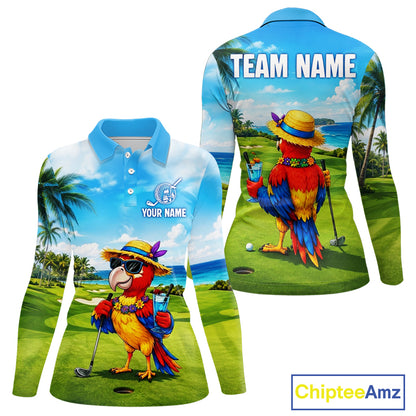 Women's funny parrot golf polo shirt mockup tropical summer golf apparel