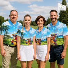 Load image into Gallery viewer, Men's golf team wearing tropical parrot golf polo shirts matching team apparel