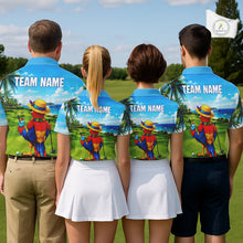 Load image into Gallery viewer, Men's golf team wearing tropical parrot golf polo shirts matching team apparel