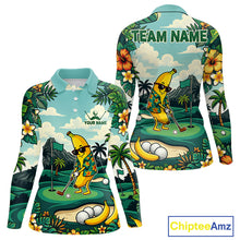 Load image into Gallery viewer, Women's funny banana golfer golf polo shirt mockup monstera tropical golf apparel