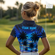 Load image into Gallery viewer, Woman wearing tropical sunset palm tree golf polo shirt during golf outing