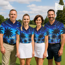 Load image into Gallery viewer, Men's golf team wearing tropical sunset palm tree golf polo shirts