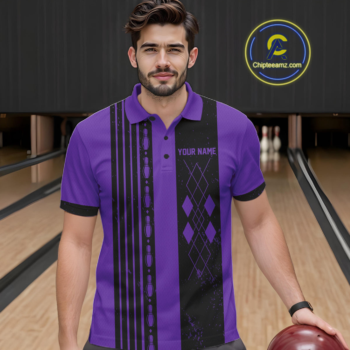 Male bowler modeling retro argyle bowling apparel, vintage bowling aesthetic, classic sports fashion, custom bowling team clothing.