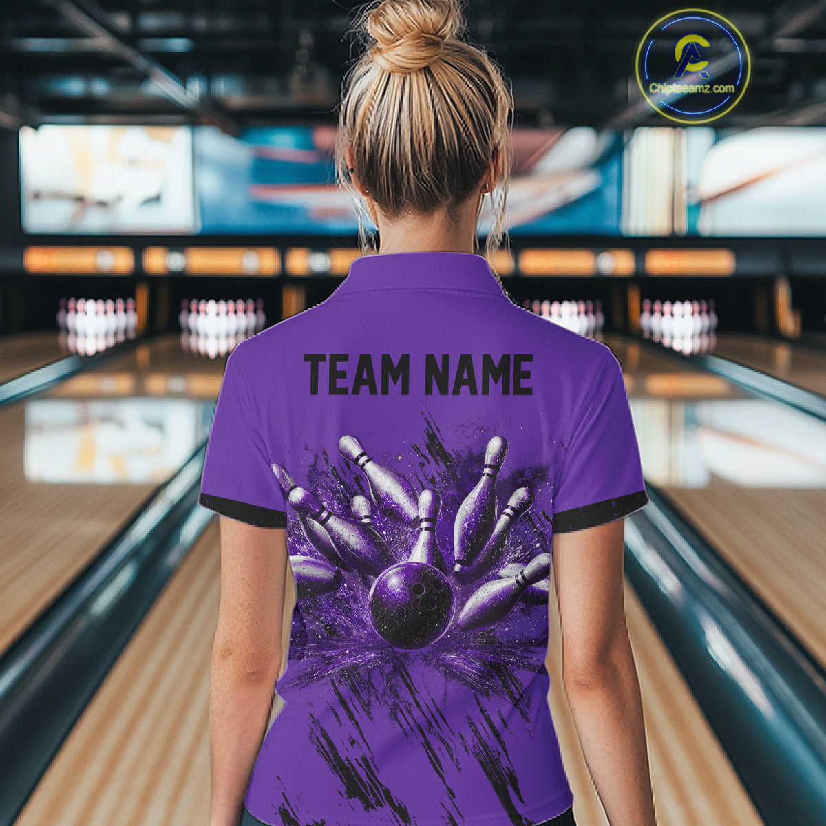 Female bowler wearing vintage purple argyle bowling shirt, retro Americana fashion, classic bowling nostalgia, personalized sportswear.
