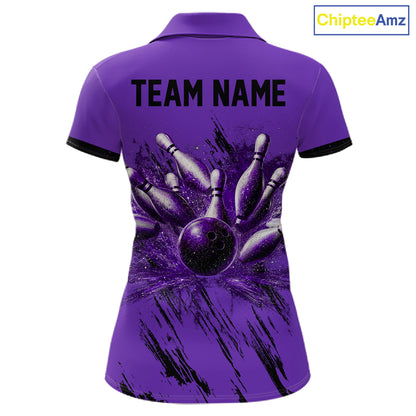 Woman wearing Retro Purple Argyle Bowling Polo Shirt with vintage argyle pattern, personalized bowling team apparel, retro bowling fashion, custom tournament polo, athletic performance clothing.