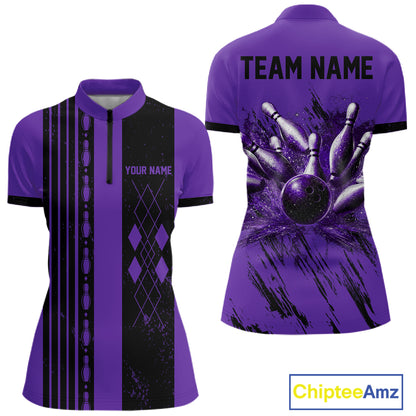 Woman wearing Retro Purple Argyle Quarter-Zip Bowling Jersey with vintage pattern, breathable athletic fabric, custom bowling apparel, retro tournament uniform.